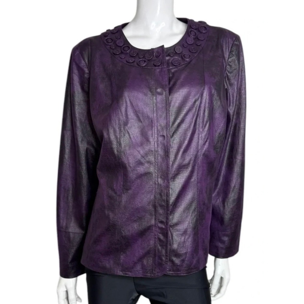 Chico's Purple Black Textured Faux Leather Embellished Jacket Size 3 L/XL